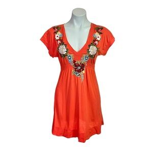 Johnny Was  Orange Cotton  Floral Embroidered Mini Dress Size Medium